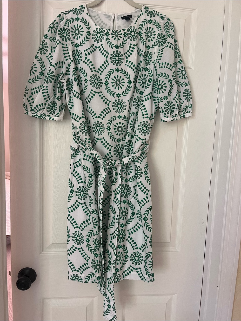 Ann Taylor White Dress with Green Eyelet Floral Geo Print